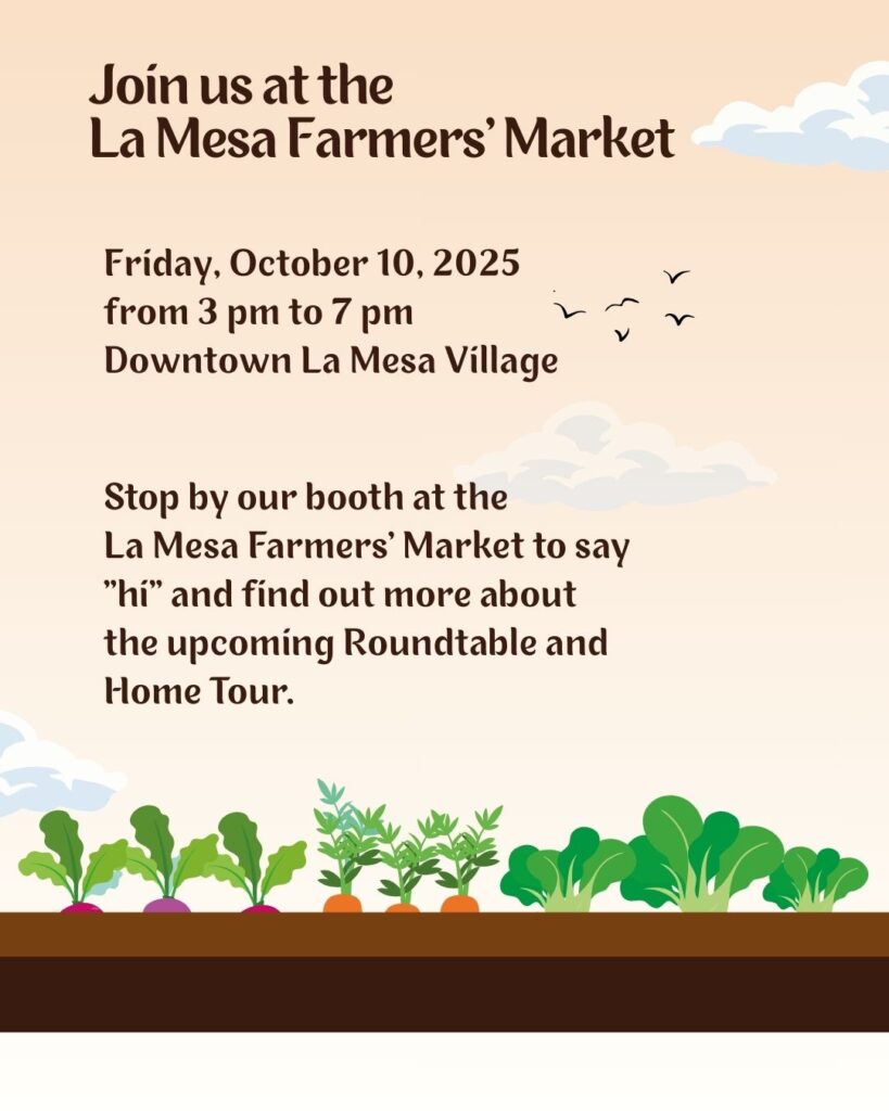 Join the La Mesa History Center at the La Mesa Farmers' Market on October 10, 2025.